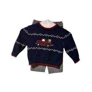 IZOD Kids 12M Navy Red Christmas Truck Sweater & Gray Pants 2 Piece Set